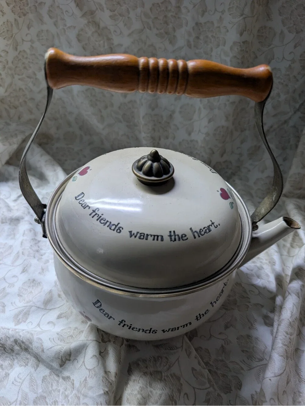 Heart Songs Vintage Teapot with Wooden Handle and Floral Design